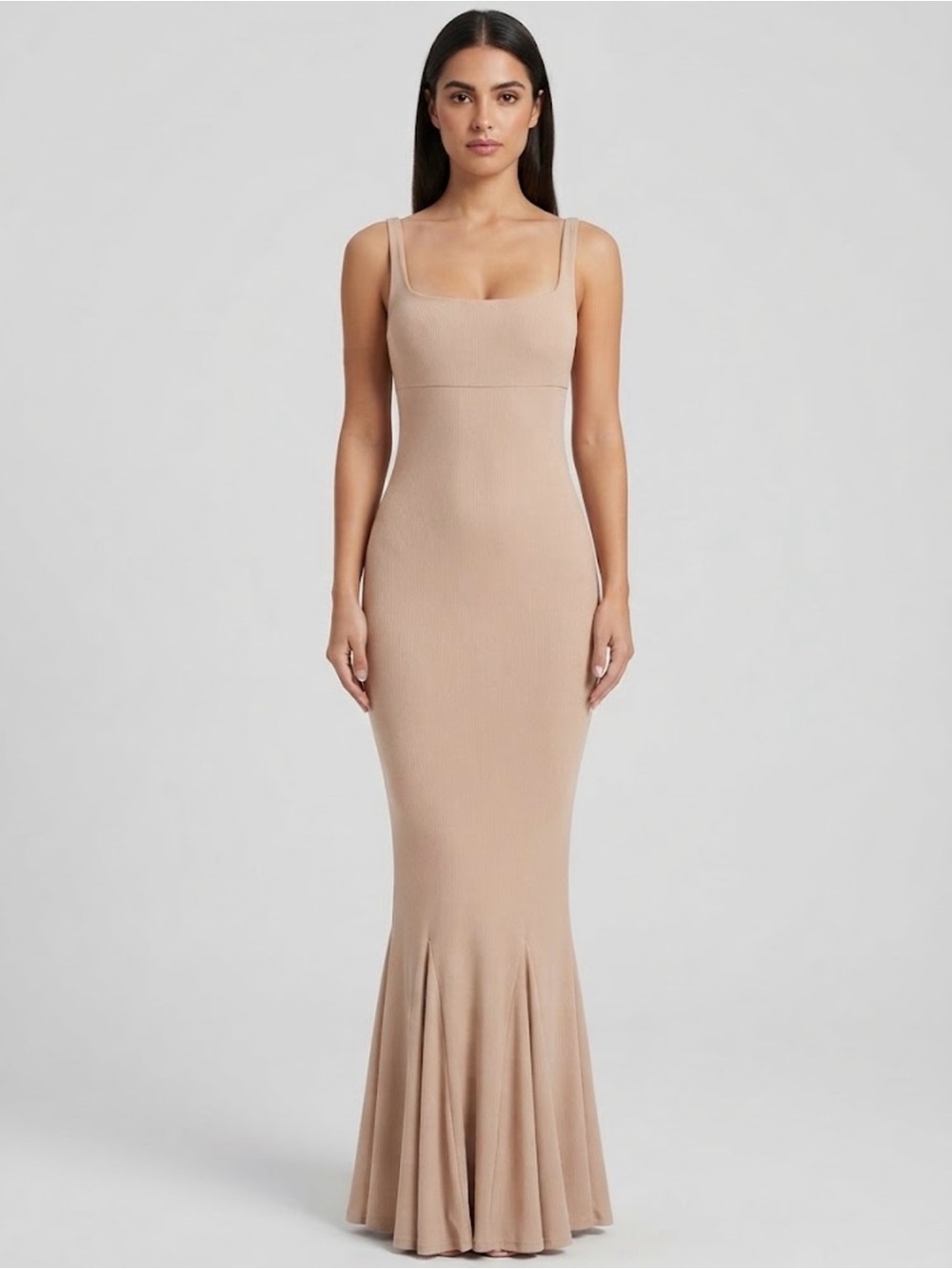 Sleeveless Taupe Fitted Mermaid Maxi Dress